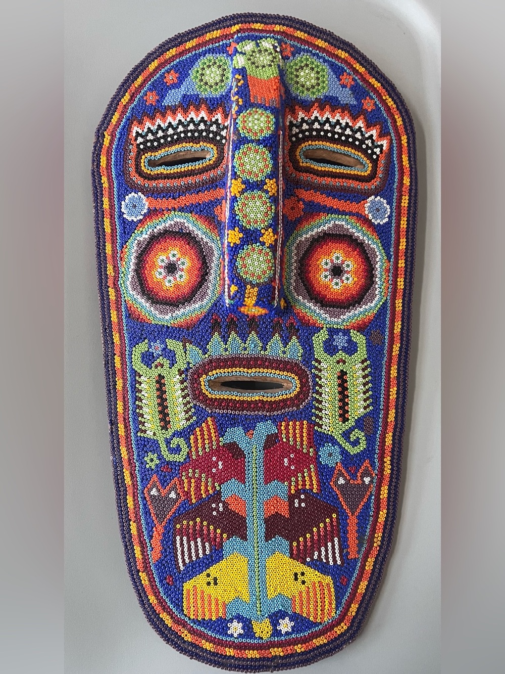 Authentic HUICHOL MEXICO TRIBE Bead on wood  sculpture wall art Face Mask 80s